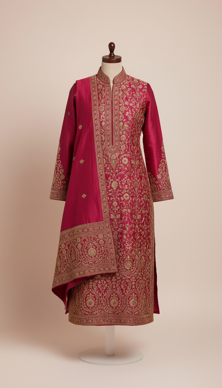 Embroidered Maroon Kurta With Jewel Buttons