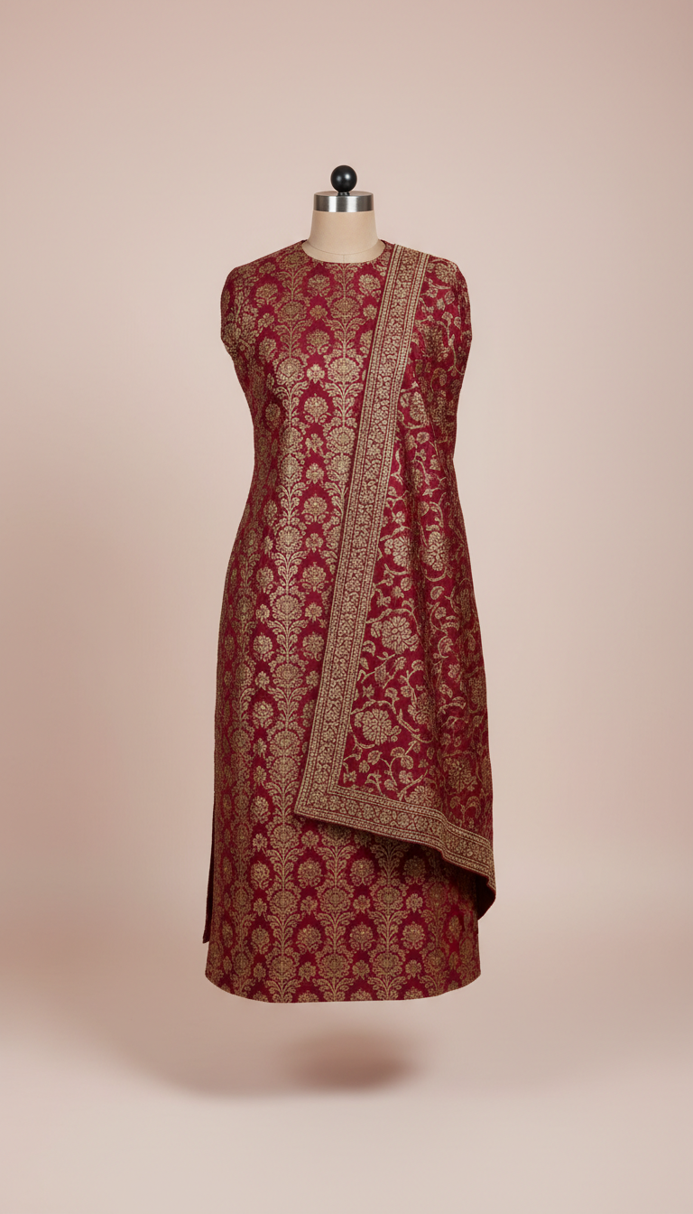 Silk Blend Kurta With Brocade Panel