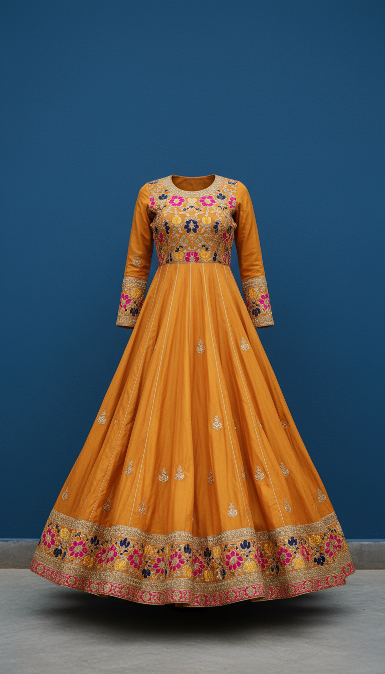 Silk Blend Anarkali With Gold Accents